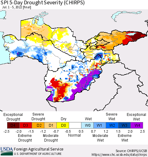 Central Asia SPI 5-Day Drought Severity (CHIRPS) Thematic Map For 7/1/2022 - 7/5/2022
