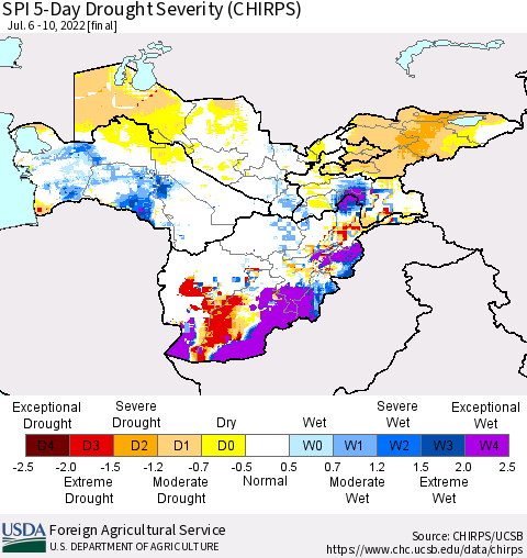 Central Asia SPI 5-Day Drought Severity (CHIRPS) Thematic Map For 7/6/2022 - 7/10/2022