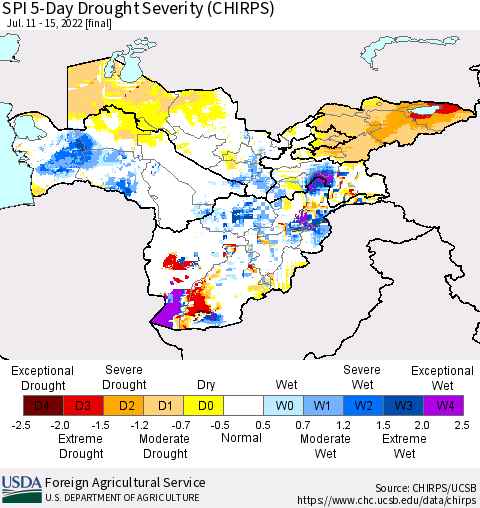 Central Asia SPI 5-Day Drought Severity (CHIRPS) Thematic Map For 7/11/2022 - 7/15/2022