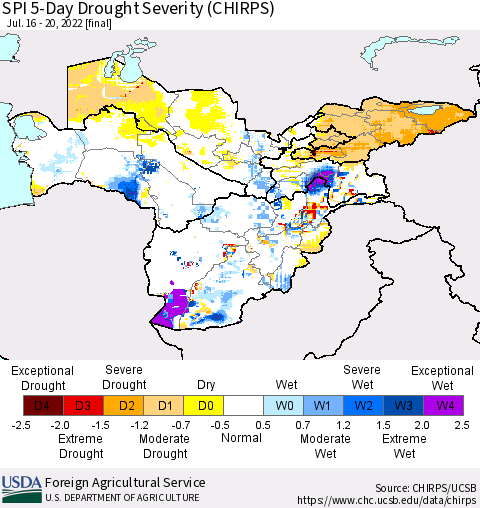 Central Asia SPI 5-Day Drought Severity (CHIRPS) Thematic Map For 7/16/2022 - 7/20/2022