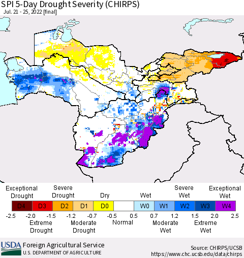 Central Asia SPI 5-Day Drought Severity (CHIRPS) Thematic Map For 7/21/2022 - 7/25/2022