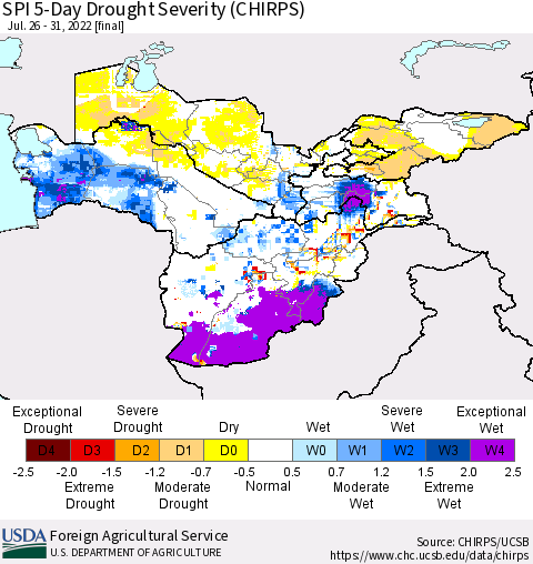 Central Asia SPI 5-Day Drought Severity (CHIRPS) Thematic Map For 7/26/2022 - 7/31/2022