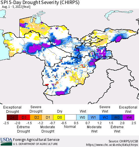 Central Asia SPI 5-Day Drought Severity (CHIRPS) Thematic Map For 8/1/2022 - 8/5/2022