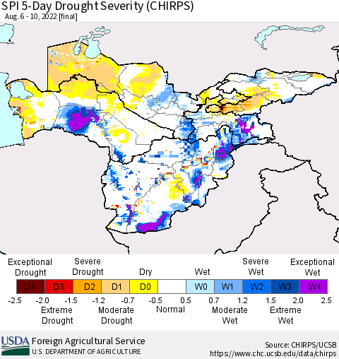Central Asia SPI 5-Day Drought Severity (CHIRPS) Thematic Map For 8/6/2022 - 8/10/2022