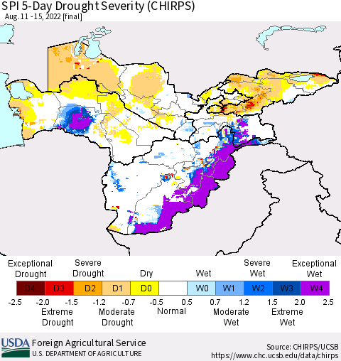 Central Asia SPI 5-Day Drought Severity (CHIRPS) Thematic Map For 8/11/2022 - 8/15/2022