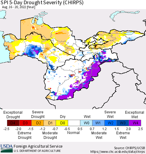 Central Asia SPI 5-Day Drought Severity (CHIRPS) Thematic Map For 8/16/2022 - 8/20/2022