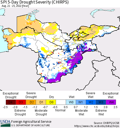 Central Asia SPI 5-Day Drought Severity (CHIRPS) Thematic Map For 8/21/2022 - 8/25/2022