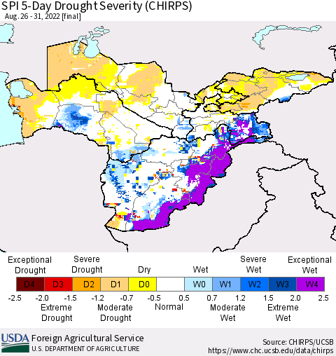 Central Asia SPI 5-Day Drought Severity (CHIRPS) Thematic Map For 8/26/2022 - 8/31/2022