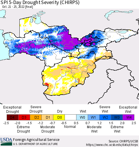 Central Asia SPI 5-Day Drought Severity (CHIRPS) Thematic Map For 10/21/2022 - 10/25/2022