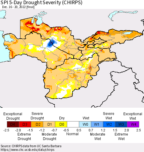 Central Asia SPI 5-Day Drought Severity (CHIRPS) Thematic Map For 12/16/2022 - 12/20/2022