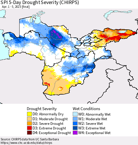Central Asia SPI 5-Day Drought Severity (CHIRPS) Thematic Map For 4/1/2023 - 4/5/2023