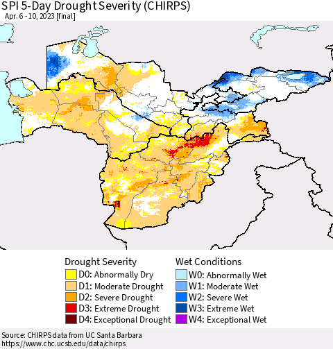 Central Asia SPI 5-Day Drought Severity (CHIRPS) Thematic Map For 4/6/2023 - 4/10/2023
