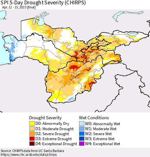Central Asia SPI 5-Day Drought Severity (CHIRPS) Thematic Map For 4/11/2023 - 4/15/2023