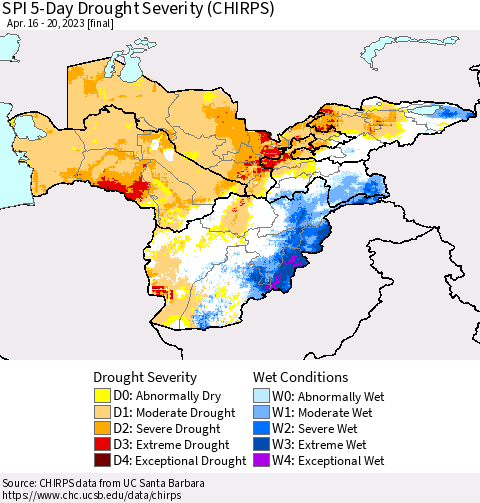 Central Asia SPI 5-Day Drought Severity (CHIRPS) Thematic Map For 4/16/2023 - 4/20/2023