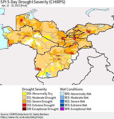 Central Asia SPI 5-Day Drought Severity (CHIRPS) Thematic Map For 4/21/2023 - 4/25/2023