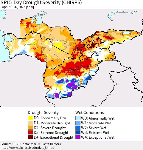 Central Asia SPI 5-Day Drought Severity (CHIRPS) Thematic Map For 4/26/2023 - 4/30/2023