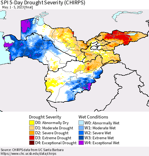 Central Asia SPI 5-Day Drought Severity (CHIRPS) Thematic Map For 5/1/2023 - 5/5/2023