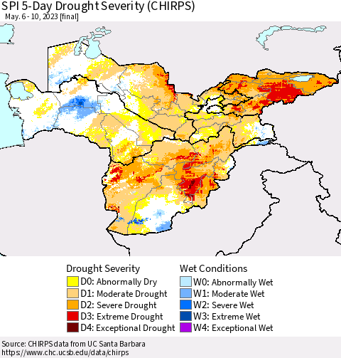 Central Asia SPI 5-Day Drought Severity (CHIRPS) Thematic Map For 5/6/2023 - 5/10/2023