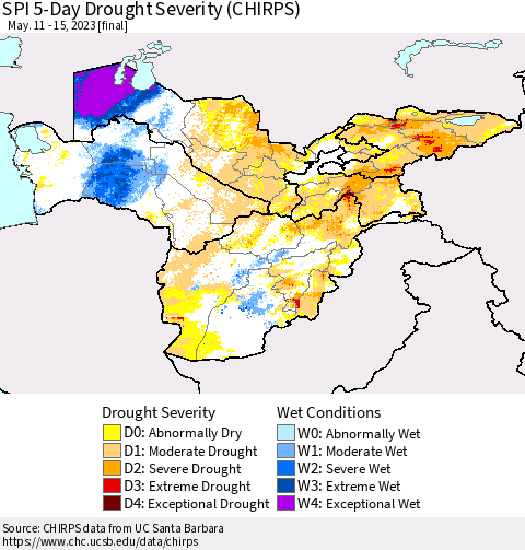 Central Asia SPI 5-Day Drought Severity (CHIRPS) Thematic Map For 5/11/2023 - 5/15/2023