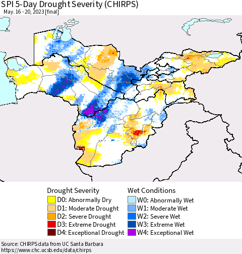 Central Asia SPI 5-Day Drought Severity (CHIRPS) Thematic Map For 5/16/2023 - 5/20/2023