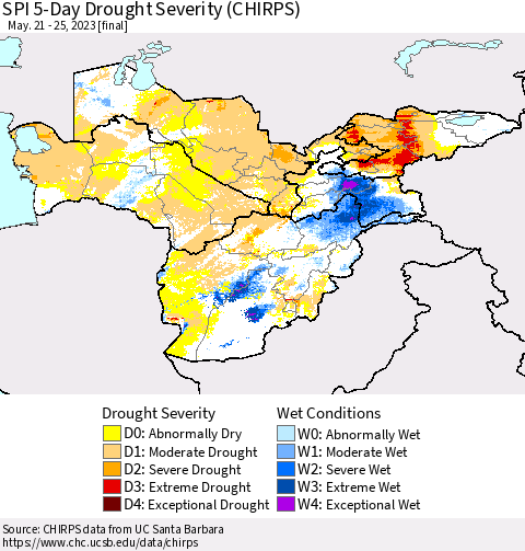 Central Asia SPI 5-Day Drought Severity (CHIRPS) Thematic Map For 5/21/2023 - 5/25/2023