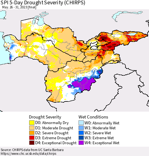 Central Asia SPI 5-Day Drought Severity (CHIRPS) Thematic Map For 5/26/2023 - 5/31/2023