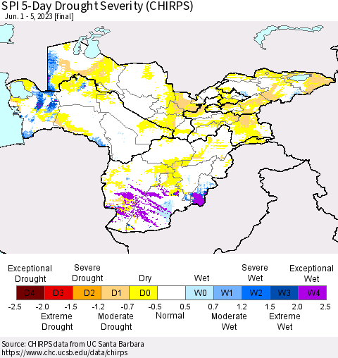 Central Asia SPI 5-Day Drought Severity (CHIRPS) Thematic Map For 6/1/2023 - 6/5/2023