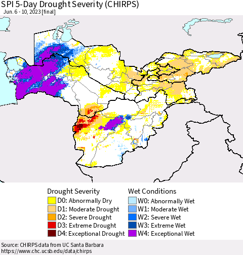 Central Asia SPI 5-Day Drought Severity (CHIRPS) Thematic Map For 6/6/2023 - 6/10/2023