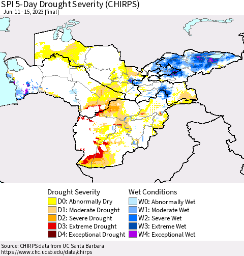 Central Asia SPI 5-Day Drought Severity (CHIRPS) Thematic Map For 6/11/2023 - 6/15/2023