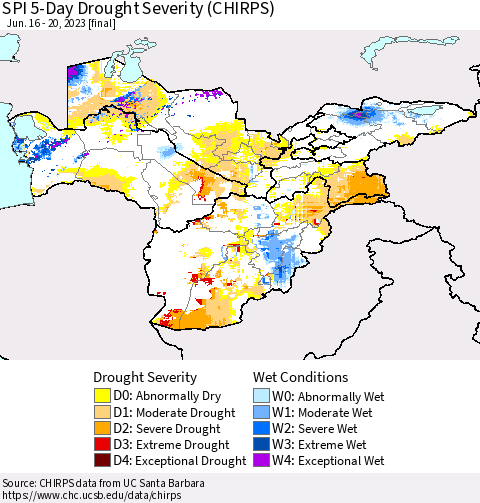 Central Asia SPI 5-Day Drought Severity (CHIRPS) Thematic Map For 6/16/2023 - 6/20/2023
