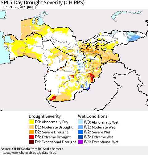 Central Asia SPI 5-Day Drought Severity (CHIRPS) Thematic Map For 6/21/2023 - 6/25/2023