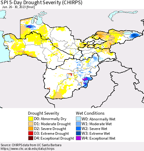 Central Asia SPI 5-Day Drought Severity (CHIRPS) Thematic Map For 6/26/2023 - 6/30/2023