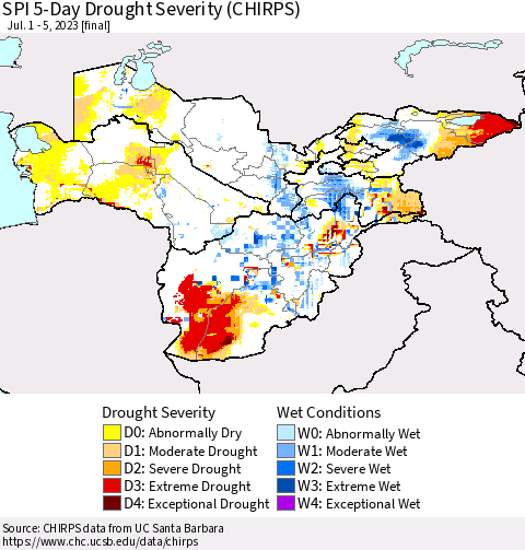 Central Asia SPI 5-Day Drought Severity (CHIRPS) Thematic Map For 7/1/2023 - 7/5/2023