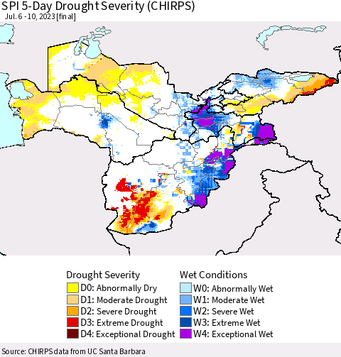 Central Asia SPI 5-Day Drought Severity (CHIRPS) Thematic Map For 7/6/2023 - 7/10/2023