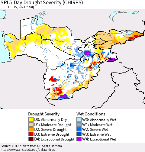 Central Asia SPI 5-Day Drought Severity (CHIRPS) Thematic Map For 7/11/2023 - 7/15/2023