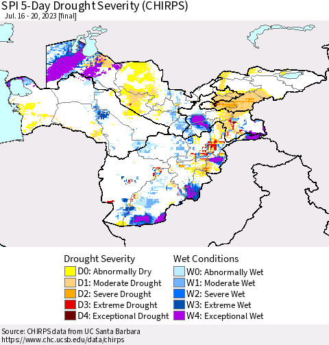 Central Asia SPI 5-Day Drought Severity (CHIRPS) Thematic Map For 7/16/2023 - 7/20/2023
