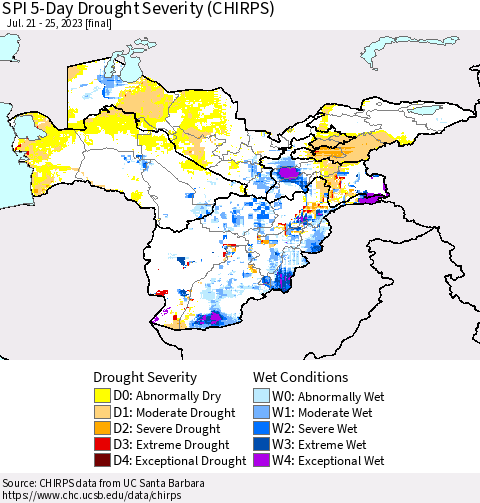Central Asia SPI 5-Day Drought Severity (CHIRPS) Thematic Map For 7/21/2023 - 7/25/2023