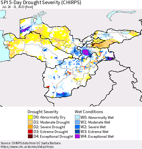 Central Asia SPI 5-Day Drought Severity (CHIRPS) Thematic Map For 7/26/2023 - 7/31/2023