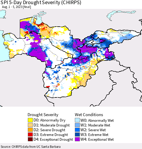 Central Asia SPI 5-Day Drought Severity (CHIRPS) Thematic Map For 8/1/2023 - 8/5/2023