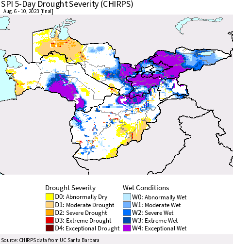 Central Asia SPI 5-Day Drought Severity (CHIRPS) Thematic Map For 8/6/2023 - 8/10/2023