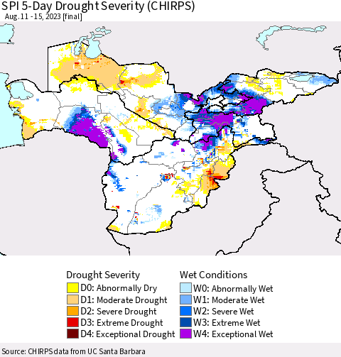 Central Asia SPI 5-Day Drought Severity (CHIRPS) Thematic Map For 8/11/2023 - 8/15/2023