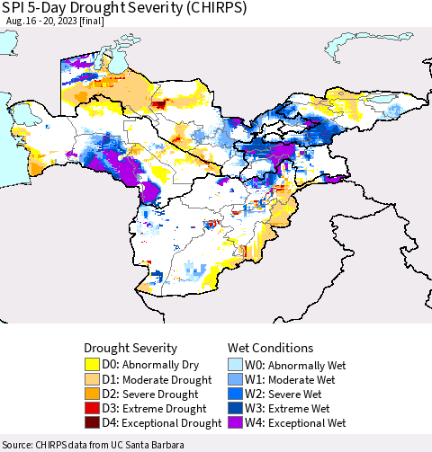 Central Asia SPI 5-Day Drought Severity (CHIRPS) Thematic Map For 8/16/2023 - 8/20/2023