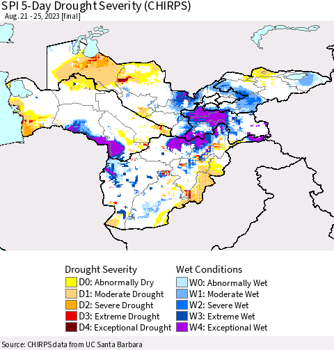 Central Asia SPI 5-Day Drought Severity (CHIRPS) Thematic Map For 8/21/2023 - 8/25/2023