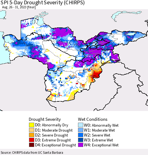 Central Asia SPI 5-Day Drought Severity (CHIRPS) Thematic Map For 8/26/2023 - 8/31/2023