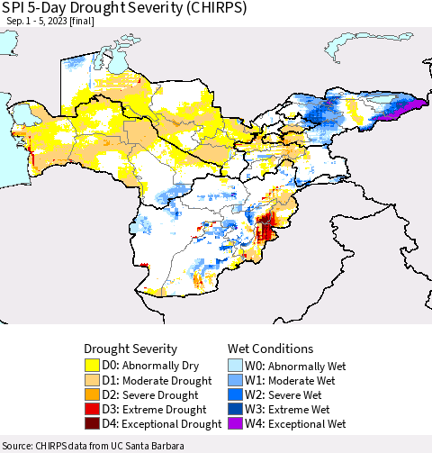 Central Asia SPI 5-Day Drought Severity (CHIRPS) Thematic Map For 9/1/2023 - 9/5/2023
