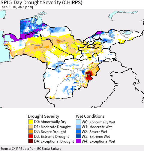 Central Asia SPI 5-Day Drought Severity (CHIRPS) Thematic Map For 9/6/2023 - 9/10/2023