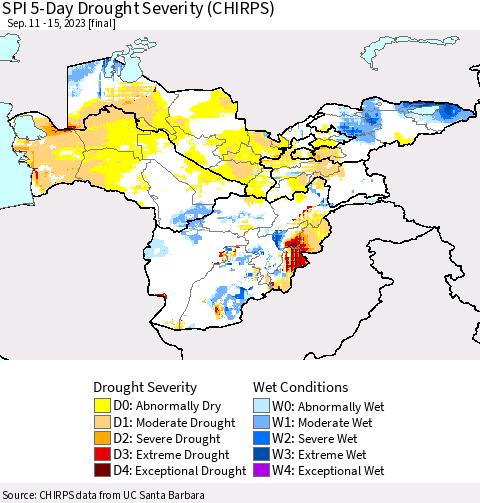 Central Asia SPI 5-Day Drought Severity (CHIRPS) Thematic Map For 9/11/2023 - 9/15/2023