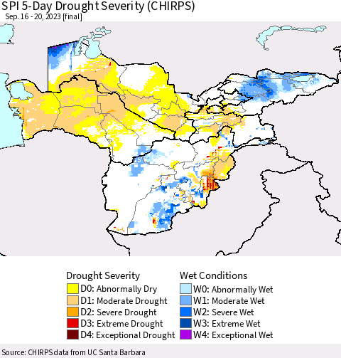 Central Asia SPI 5-Day Drought Severity (CHIRPS) Thematic Map For 9/16/2023 - 9/20/2023