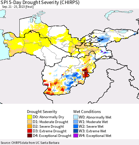 Central Asia SPI 5-Day Drought Severity (CHIRPS) Thematic Map For 9/21/2023 - 9/25/2023