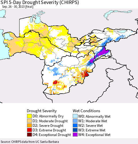 Central Asia SPI 5-Day Drought Severity (CHIRPS) Thematic Map For 9/26/2023 - 9/30/2023